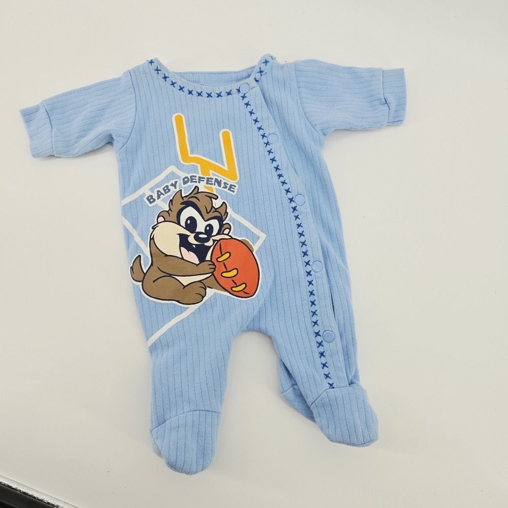 VTG Baby Taz Looney Tunes Romper Preemie Blue Warner Bros Baby Outfit Football
